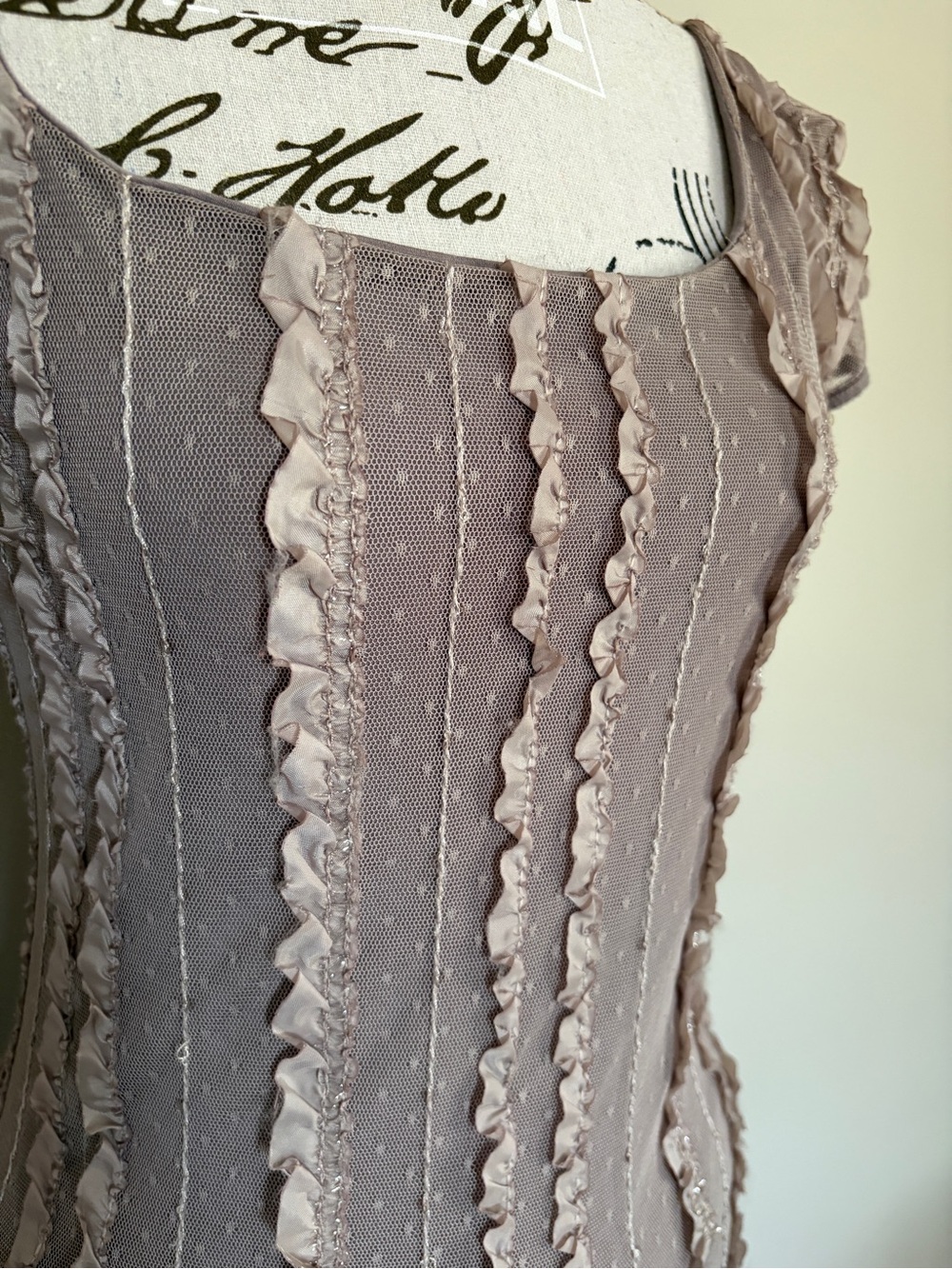 Y2K Light Brown Fairycore Puff Sleeve Swiss Dot Ruffle Lace Top - Picture 7 of 11
